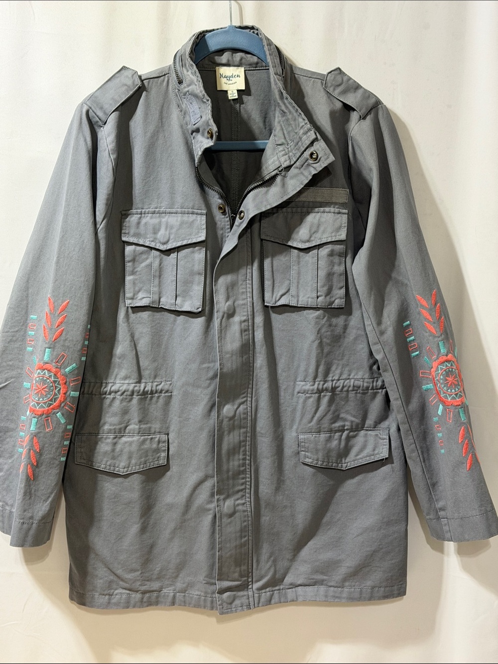 Hayden Los Angeles Gray Utility Jacket with Embroidered Sleeves